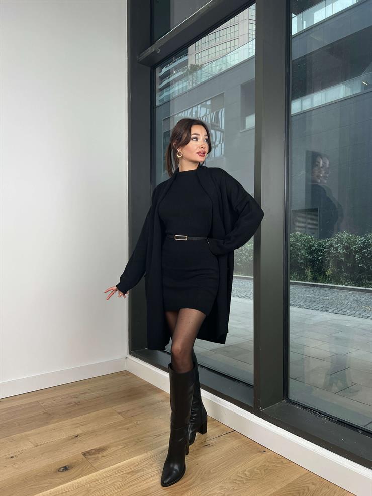 Bisiklet Yaka Triko Elbise Oversize Hırka Randy Kadın Siyah Takım 24k307