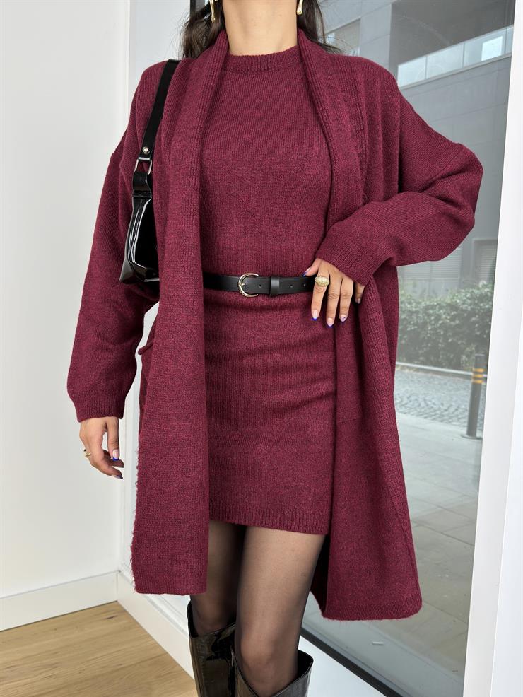 	Bisiklet Yaka Triko Elbise Oversize Hırka Randy Kadın Bordo Takım 24k307