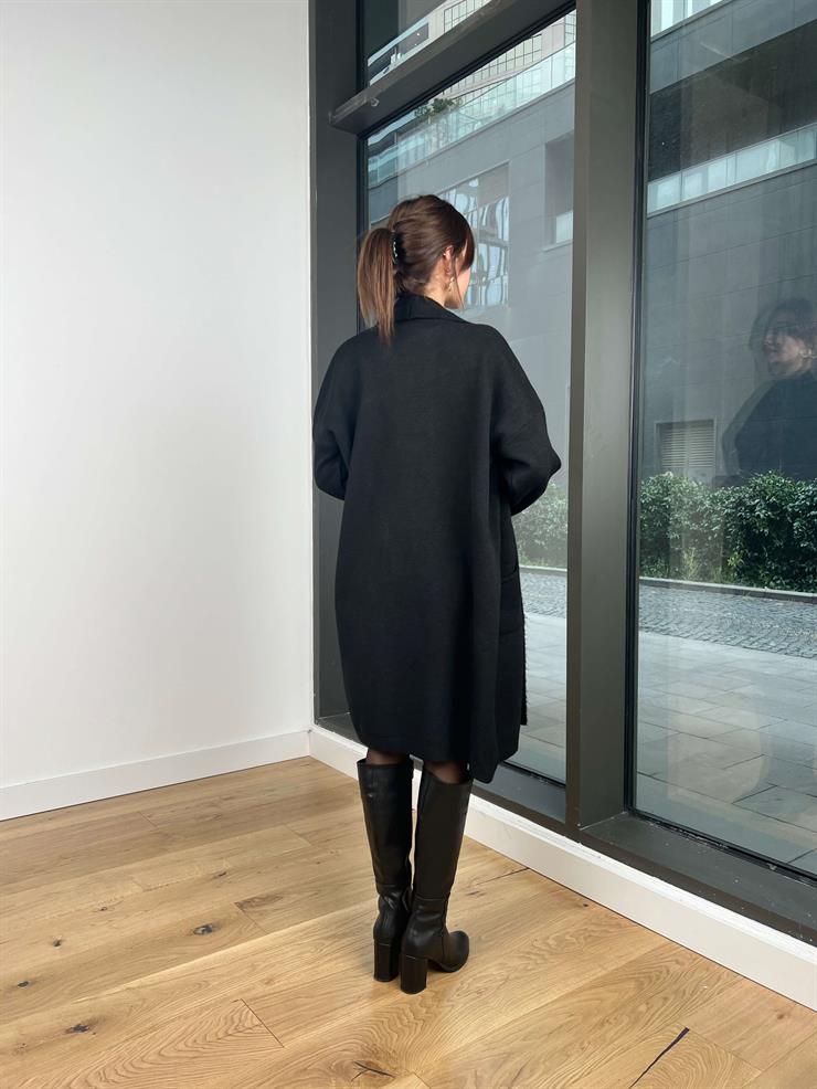 Bisiklet Yaka Triko Elbise Oversize Hırka Randy Kadın Siyah Takım 24k307