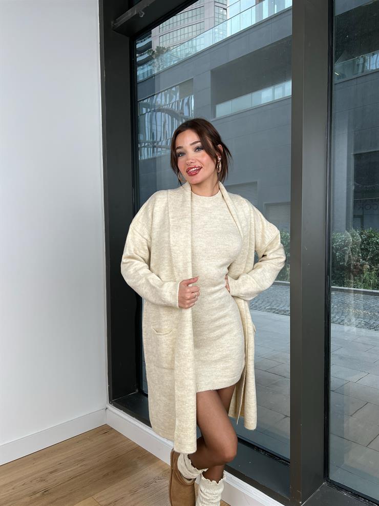 Bisiklet Yaka Triko Elbise Oversize Hırka Randy Kadın Taş Takım 24k307