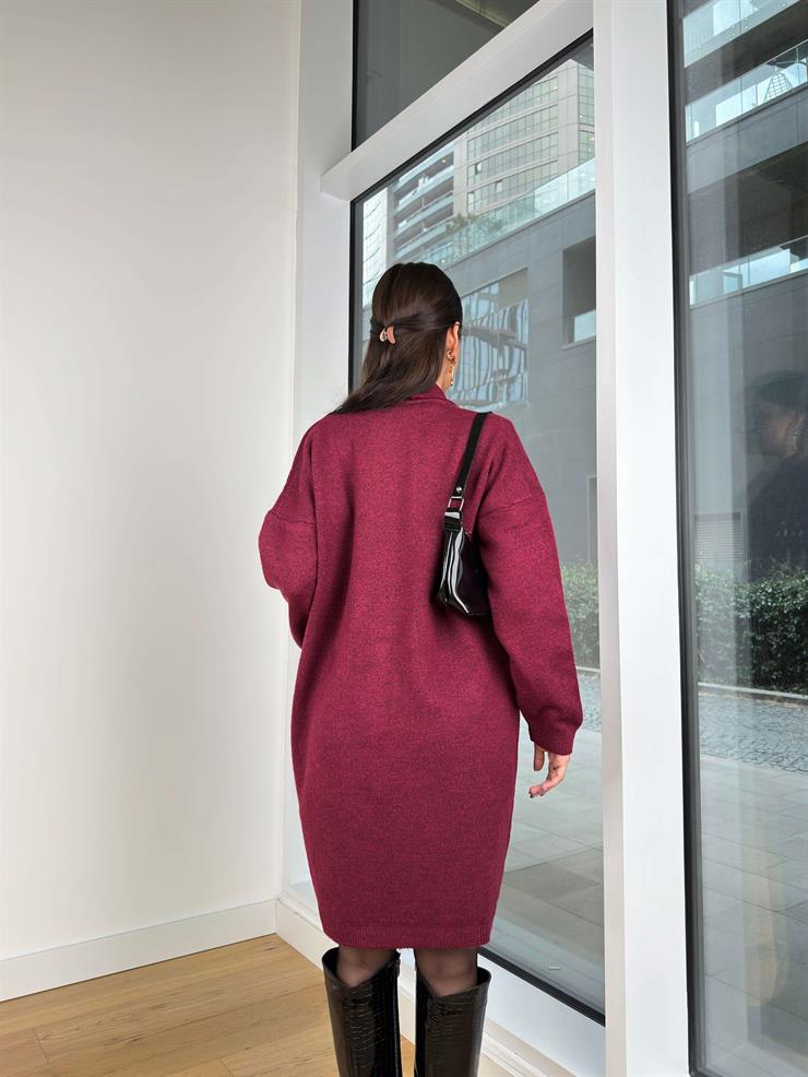 	Bisiklet Yaka Triko Elbise Oversize Hırka Randy Kadın Bordo Takım 24k307