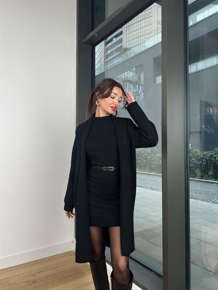 Bisiklet Yaka Triko Elbise Oversize Hırka Randy Kadın Siyah Takım 24k307