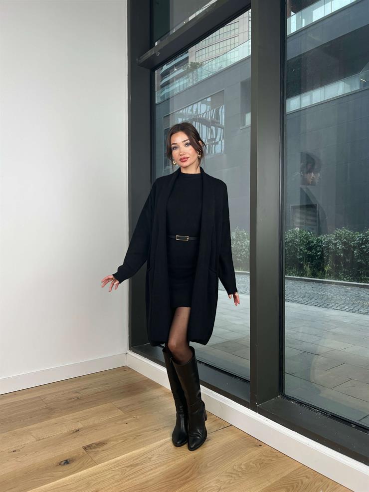 Bisiklet Yaka Triko Elbise Oversize Hırka Randy Kadın Siyah Takım 24k307