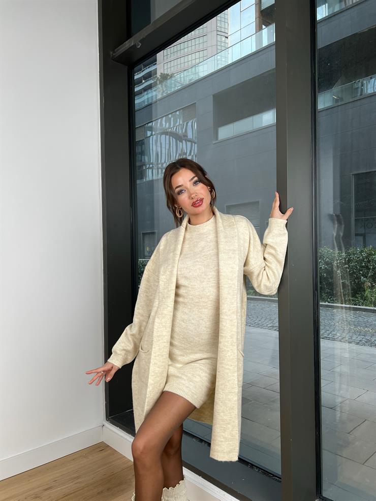 Bisiklet Yaka Triko Elbise Oversize Hırka Randy Kadın Taş Takım 24k307