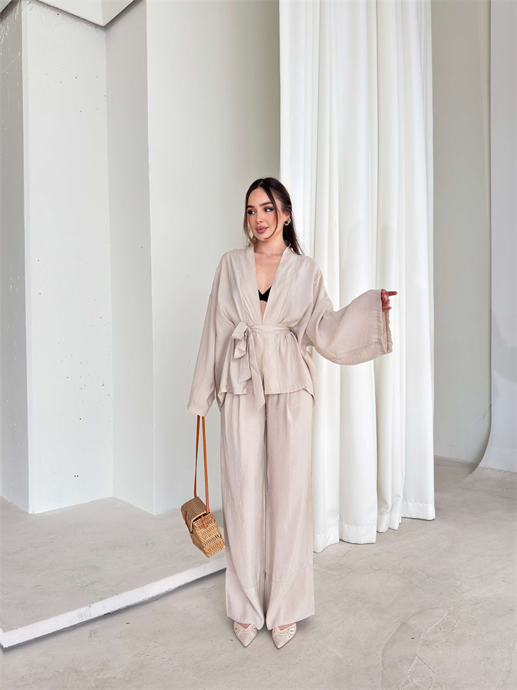 Kemerli Belden Lastikli İkili Kimono Bej Rase Kadın Takım 26Y079