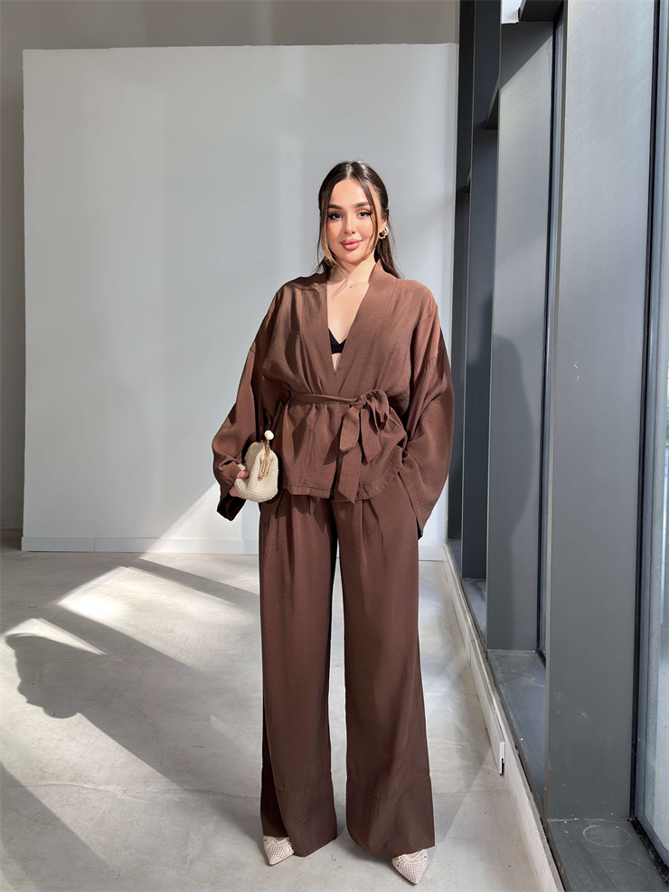 Kemerli Belden Lastikli İkili Kimono Kahverengi Rase Kadın Takım 26Y079