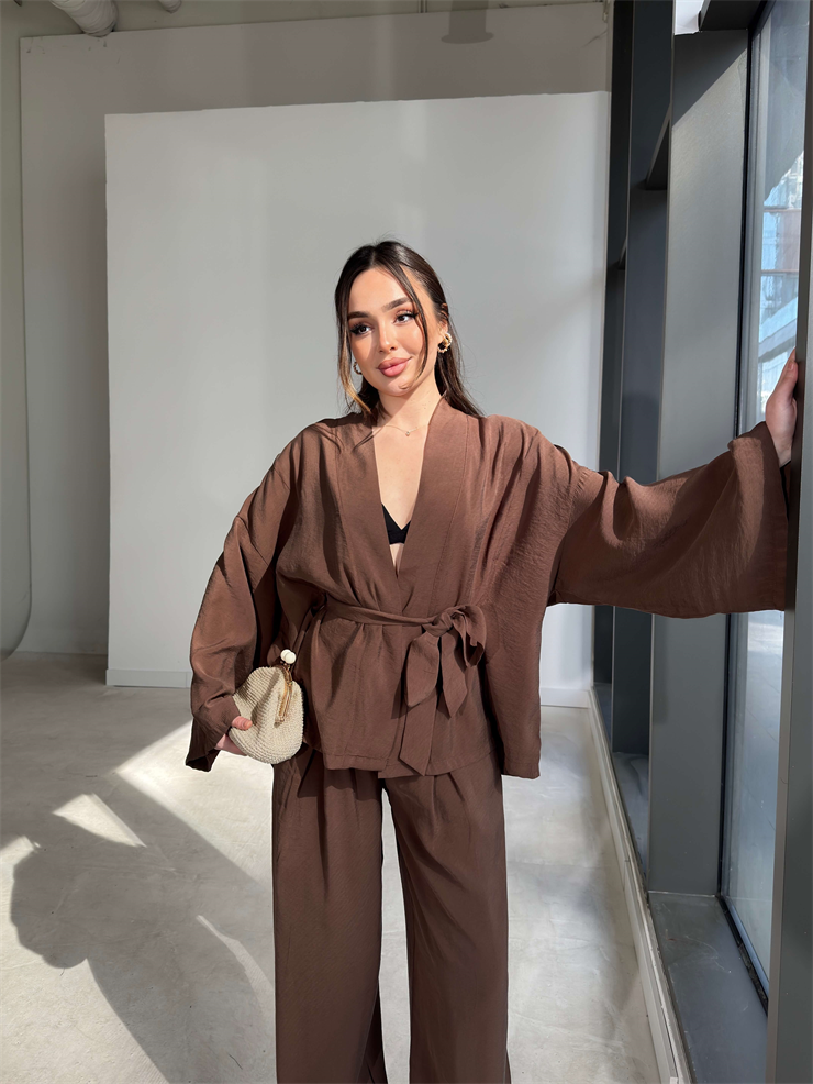 Kemerli Belden Lastikli İkili Kimono Kahverengi Rase Kadın Takım 26Y079