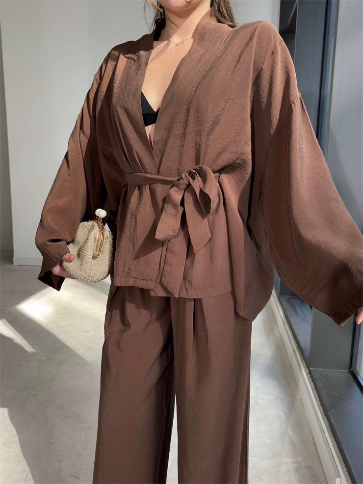 Kemerli Belden Lastikli İkili Kimono Kahverengi Rase Kadın Takım 26Y079
