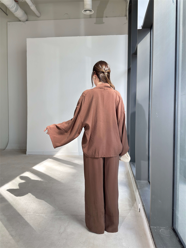 Kemerli Belden Lastikli İkili Kimono Kahverengi Rase Kadın Takım 26Y079
