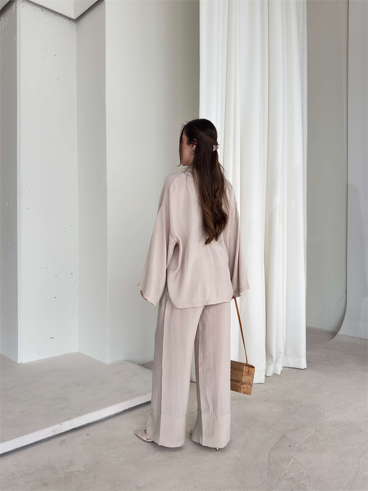 Kemerli Belden Lastikli İkili Kimono Bej Rase Kadın Takım 26Y079