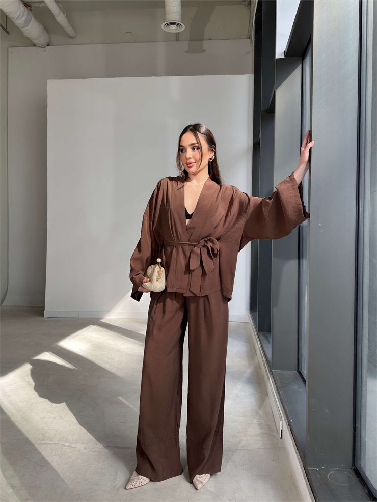 Kemerli Belden Lastikli İkili Kimono Kahverengi Rase Kadın Takım 26Y079