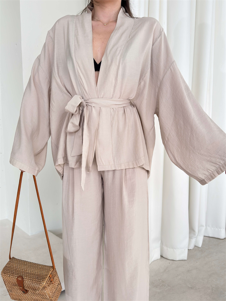 Kemerli Belden Lastikli İkili Kimono Bej Rase Kadın Takım 26Y079