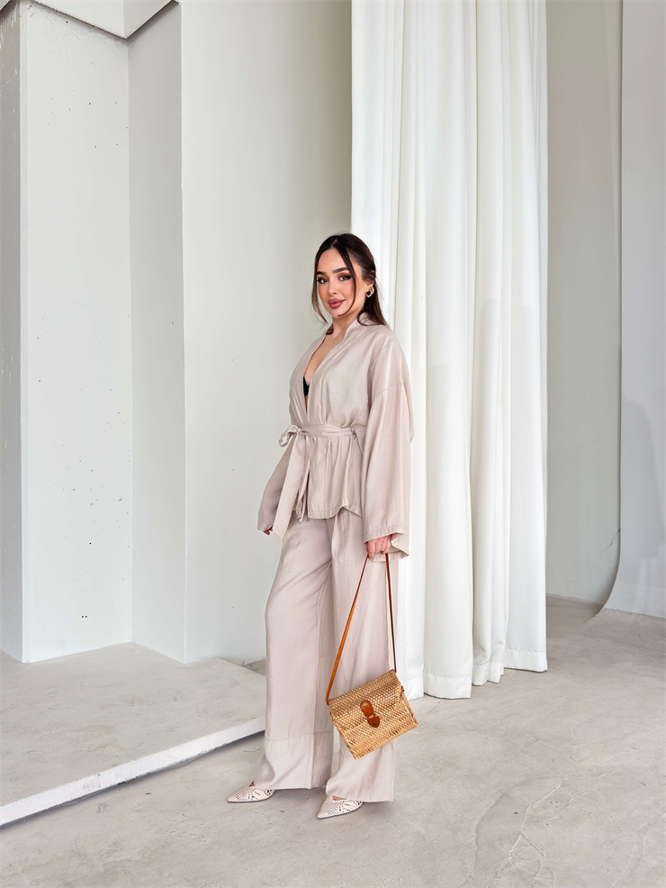 Kemerli Belden Lastikli İkili Kimono Bej Rase Kadın Takım 26Y079