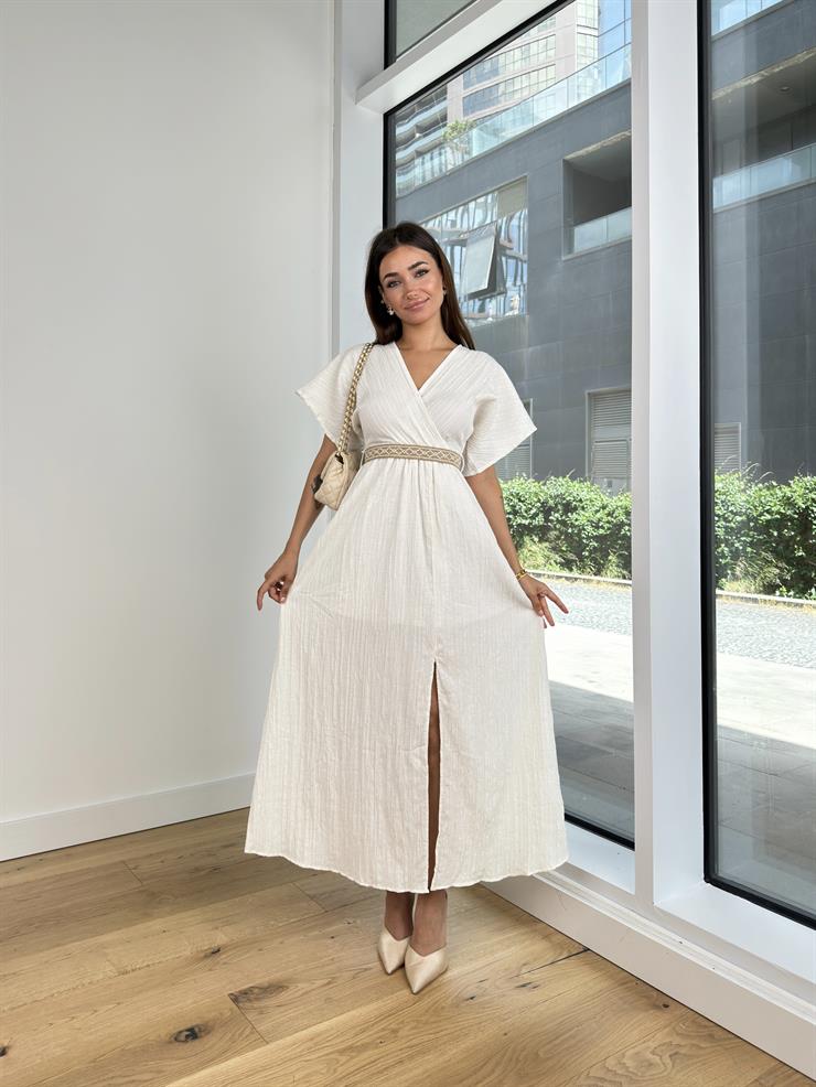 Kruvaze Yaka Beli Kemerli Yırtmaç Detaylı Rashid Kadın Taş Elbise 24Y744