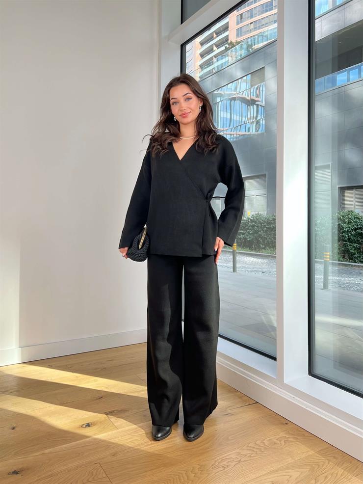 Kruvaze Yaka Yandan Bağlamalı Bluz Bol Paça Pantolon Rasmus Siyah Kadın Triko Takım 25K224