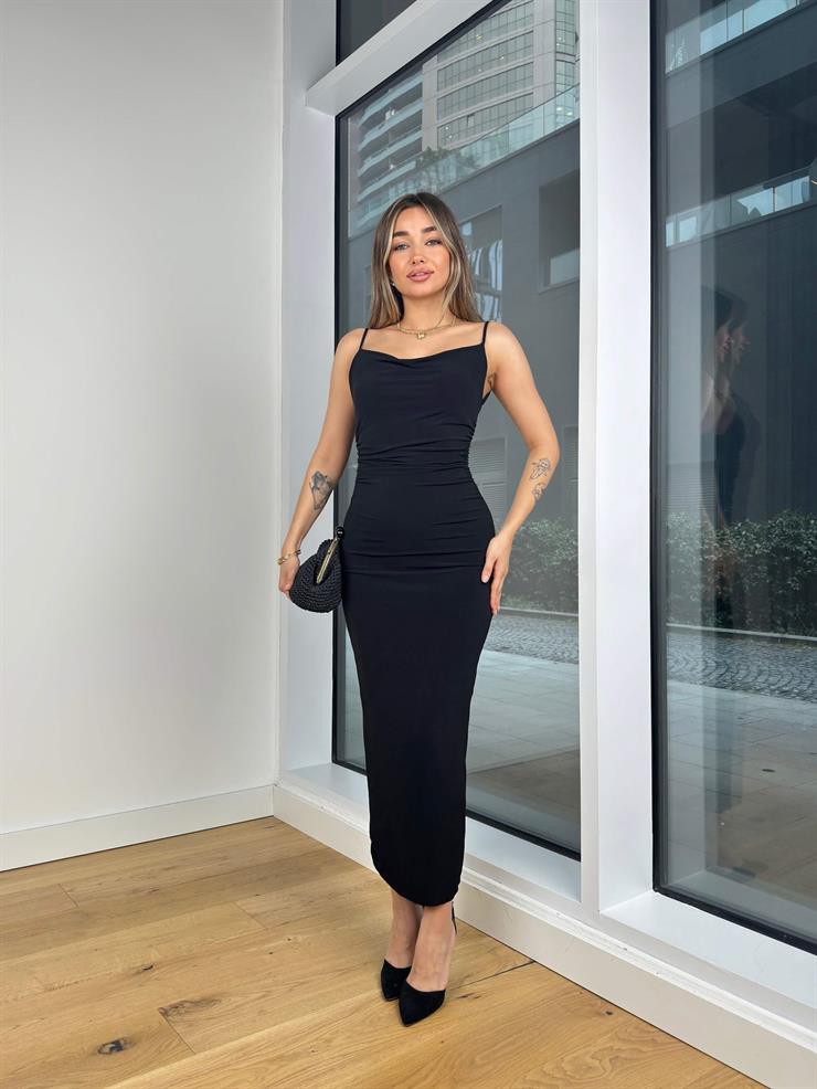 Degaje Yaka Askılı Drapeli Rastim Siyah Kadın Elbise 25K452