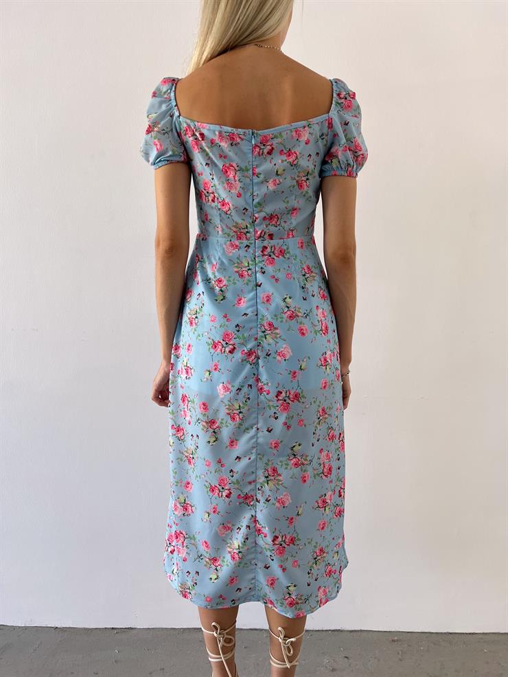 Kısa Kol Göğsü Büzgü Ve Bağcık Detaylı Raul Kadın Çiçekli Mavi Elbise 23Y000516