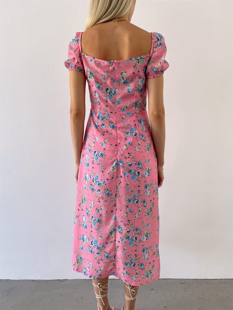 Kısa Kol Göğsü Büzgü Ve Bağcık Detaylı Raul Kadın Çiçekli Pembe Elbise 23Y000516