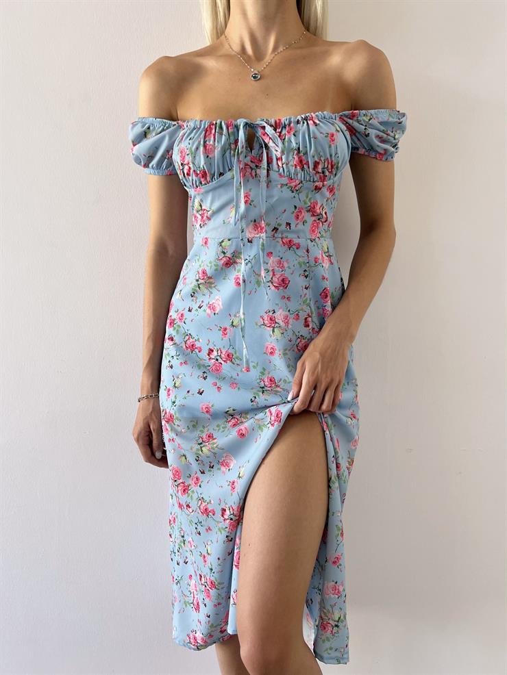 Kısa Kol Göğsü Büzgü Ve Bağcık Detaylı Raul Kadın Çiçekli Mavi Elbise 23Y000516