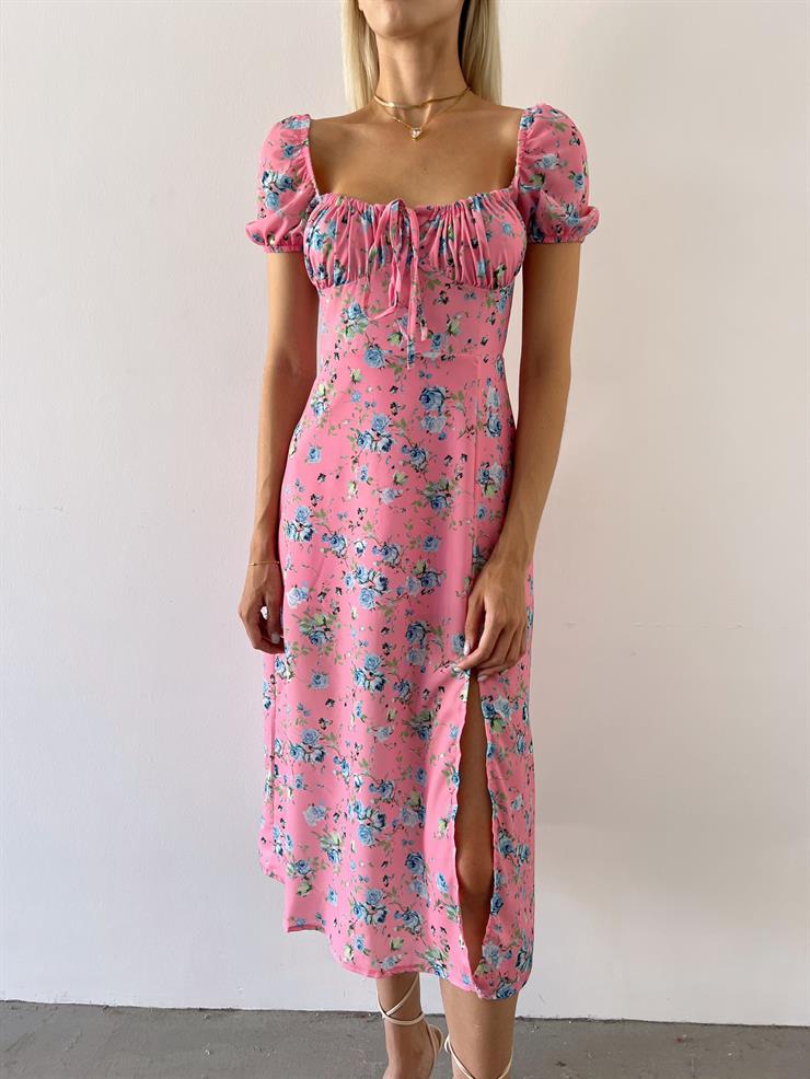 Kısa Kol Göğsü Büzgü Ve Bağcık Detaylı Raul Kadın Çiçekli Pembe Elbise 23Y000516