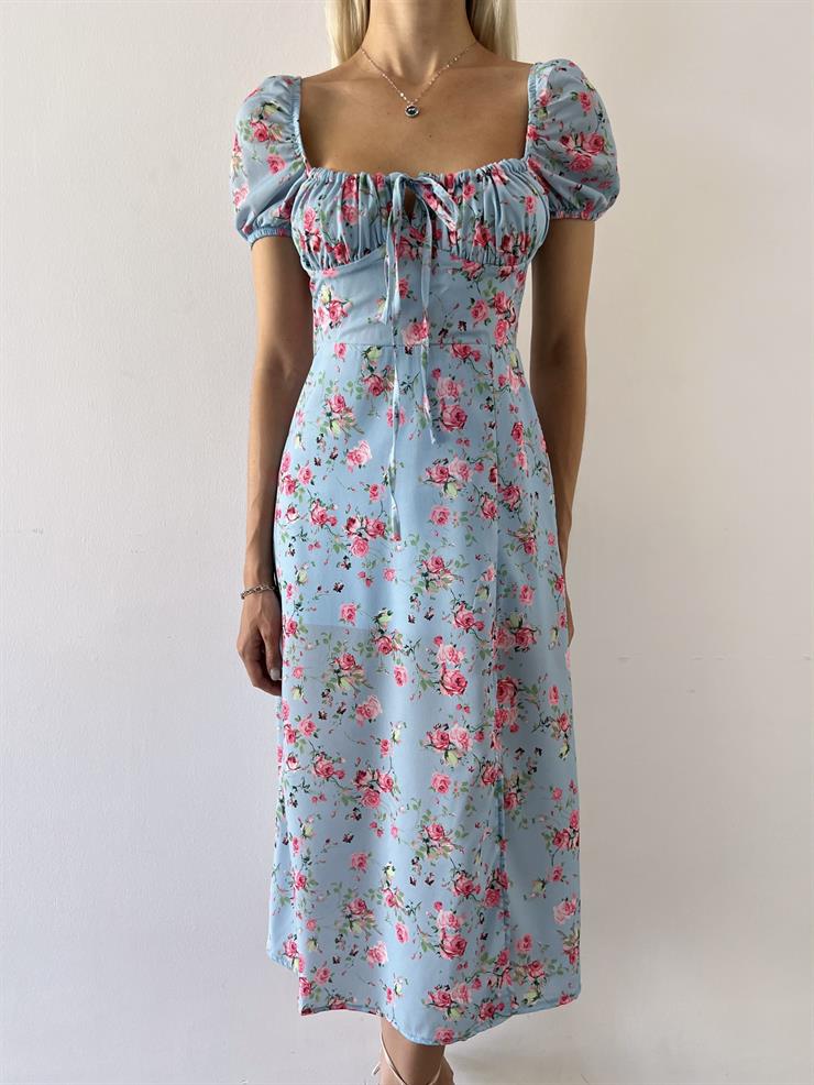 Kısa Kol Göğsü Büzgü Ve Bağcık Detaylı Raul Kadın Çiçekli Mavi Elbise 23Y000516