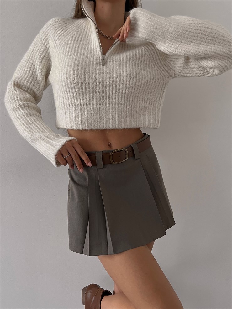 Balıkçı Yaka Önü Yarım Fermuarlı Ravel Kadın Ekru Triko Crop Kazak 23K000231