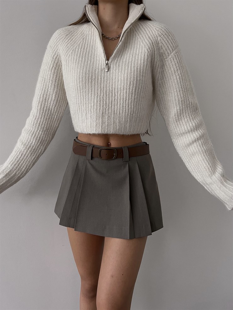 Balıkçı Yaka Önü Yarım Fermuarlı Ravel Kadın Ekru Triko Crop Kazak 23K000231