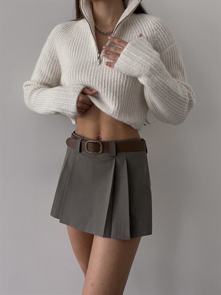 Balıkçı Yaka Önü Yarım Fermuarlı Ravel Kadın Ekru Triko Crop Kazak 23K000231