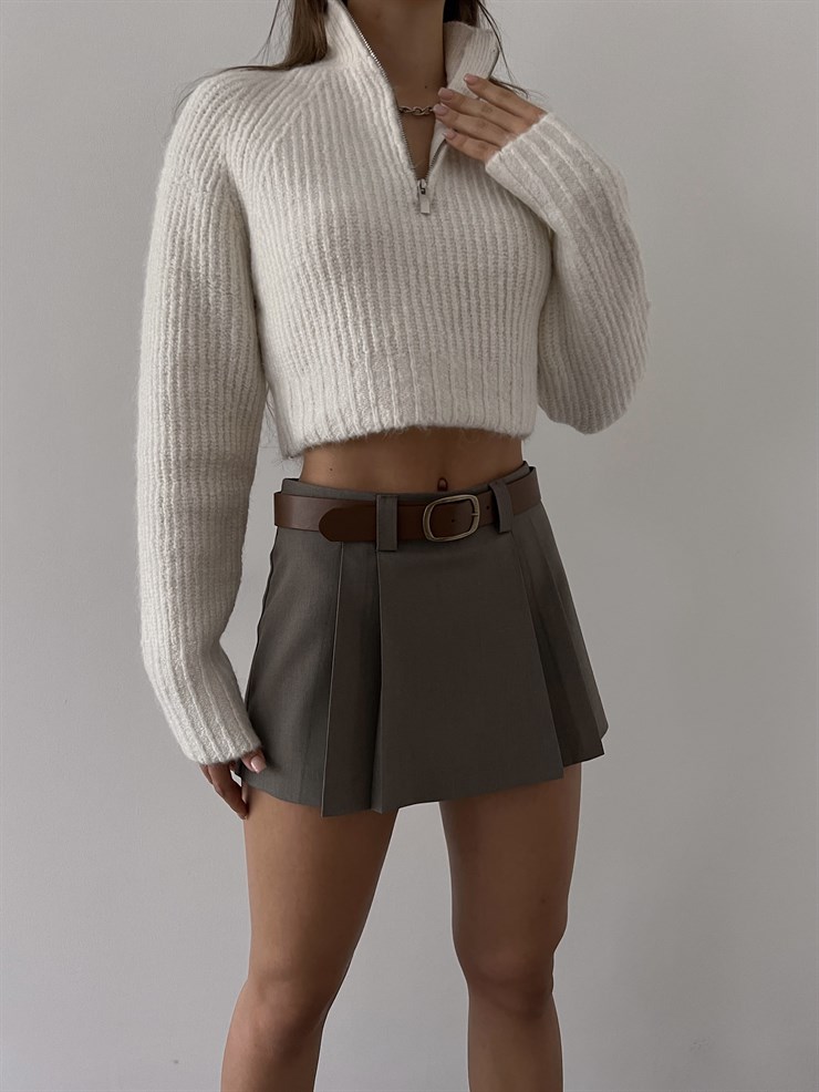 Balıkçı Yaka Önü Yarım Fermuarlı Ravel Kadın Ekru Triko Crop Kazak 23K000231