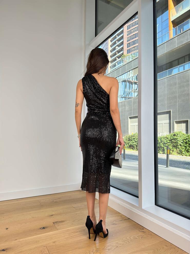 Tek Omuz Drapeli Pullu Payetli Raven Siyah Kadın Midi Elbise 25K288