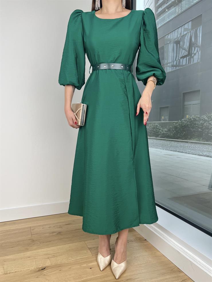 Balon Kol Yuvarlak Yaka Beli Kemerli Raver Kadın Zümrüt Elbise 24Y203