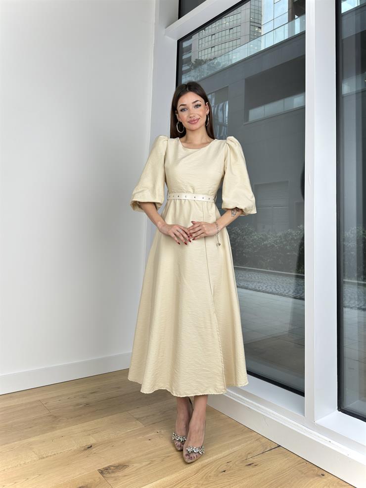 Balon Kol Yuvarlak Yaka Beli Kemerli Raver Kadın Taş Elbise 24Y203