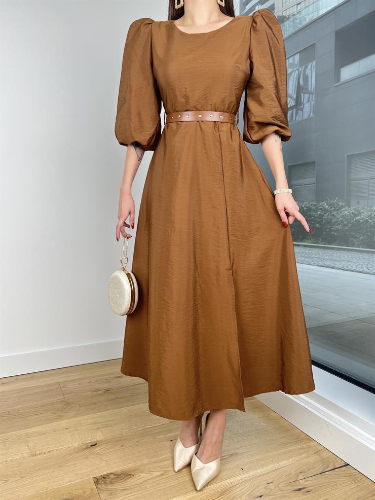 Balon Kol Yuvarlak Yaka Beli Kemerli Raver Kadın Kahve Elbise 24Y203