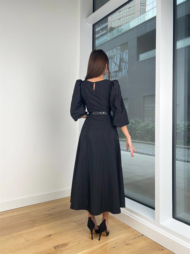 Balon Kol Yuvarlak Yaka Beli Kemerli Raver Kadın Siyah Elbise 24Y203