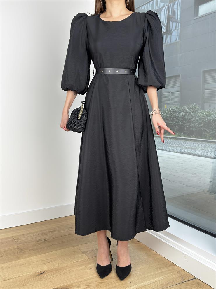 Balon Kol Yuvarlak Yaka Beli Kemerli Raver Kadın Siyah Elbise 24Y203