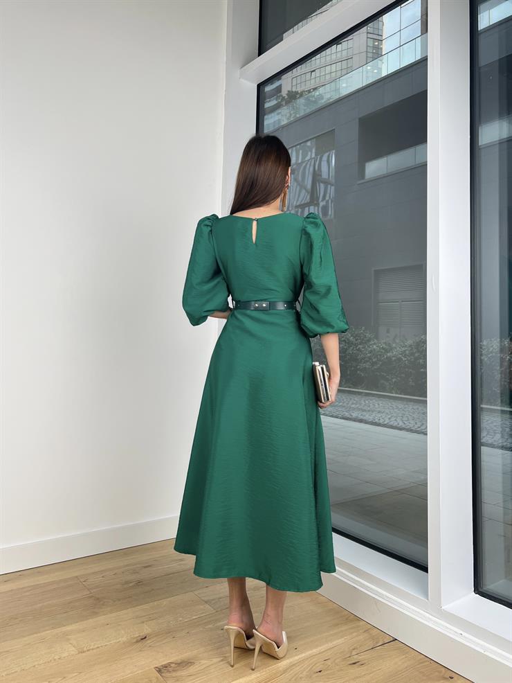 Balon Kol Yuvarlak Yaka Beli Kemerli Raver Kadın Zümrüt Elbise 24Y203