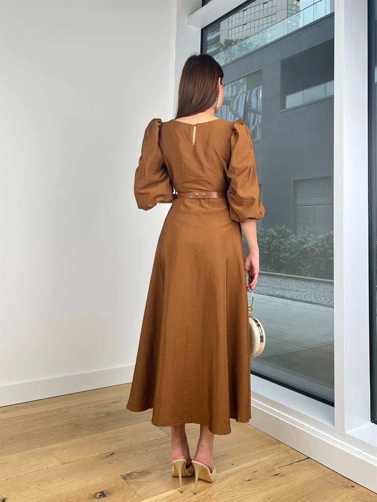 Balon Kol Yuvarlak Yaka Beli Kemerli Raver Kadın Kahve Elbise 24Y203