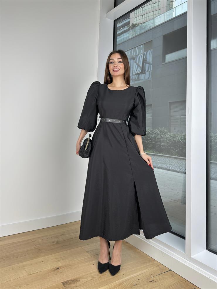 Balon Kol Yuvarlak Yaka Beli Kemerli Raver Kadın Siyah Elbise 24Y203