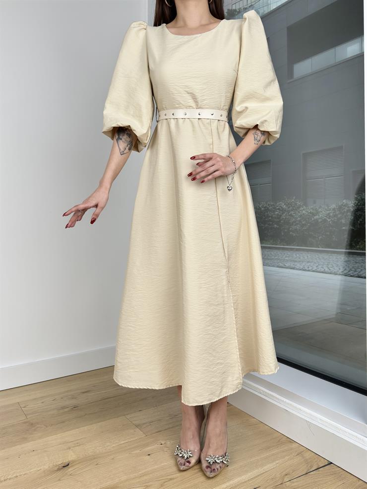 Balon Kol Yuvarlak Yaka Beli Kemerli Raver Kadın Taş Elbise 24Y203