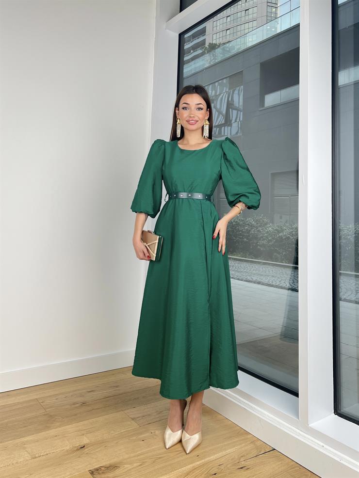 Balon Kol Yuvarlak Yaka Beli Kemerli Raver Kadın Zümrüt Elbise 24Y203