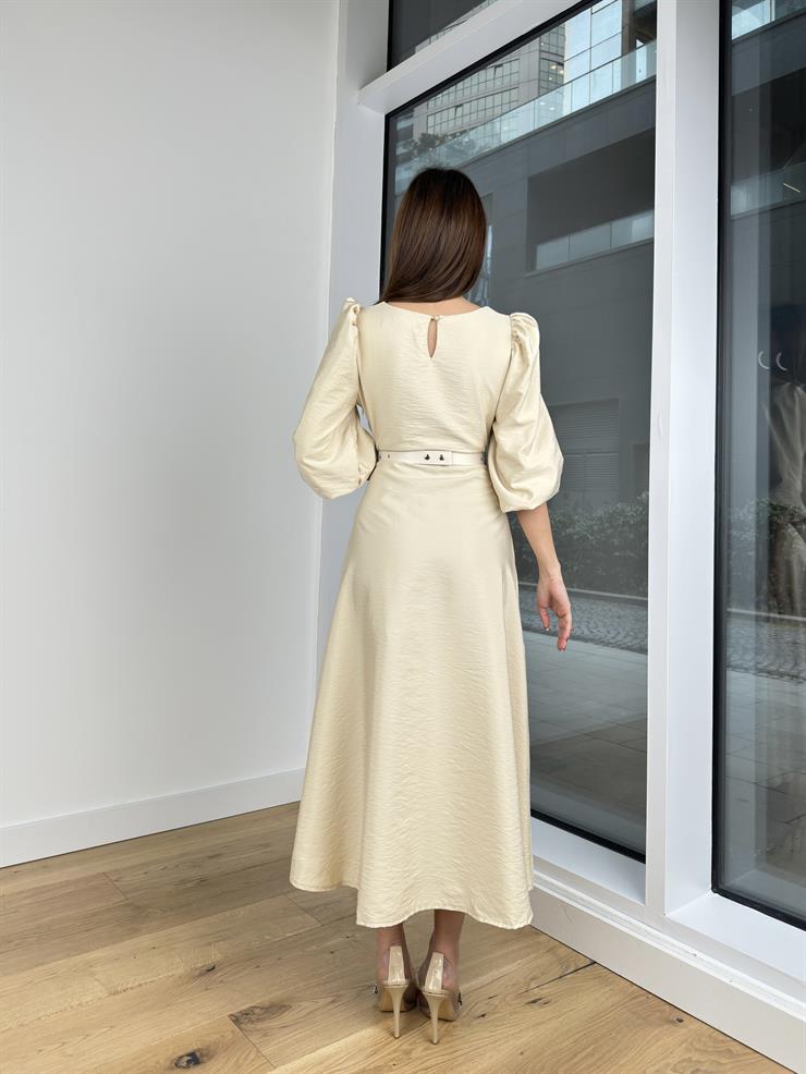 Balon Kol Yuvarlak Yaka Beli Kemerli Raver Kadın Taş Elbise 24Y203