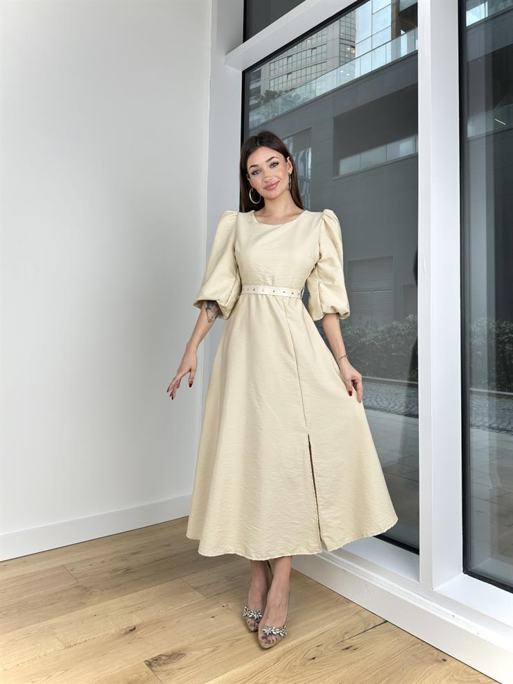 Balon Kol Yuvarlak Yaka Beli Kemerli Raver Kadın Taş Elbise 24Y203