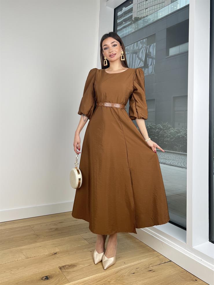 Balon Kol Yuvarlak Yaka Beli Kemerli Raver Kadın Kahve Elbise 24Y203