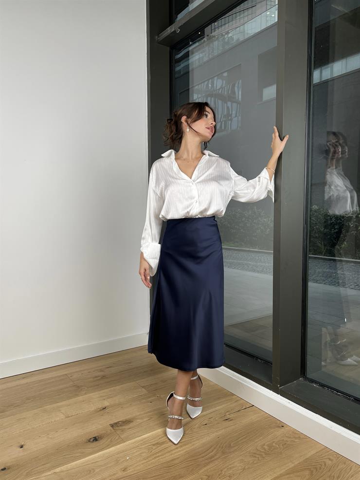 Yüksek Bel Ravi Lacivert Saten Midi Boy Etek 24k279