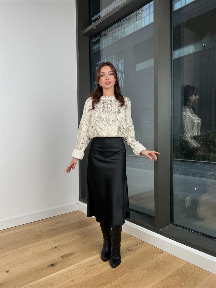 Yüksek Bel Ravi Siyah Saten Midi Boy Etek 24k279