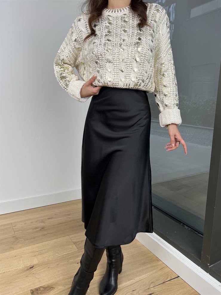 Yüksek Bel Ravi Siyah Saten Midi Boy Etek 24k279