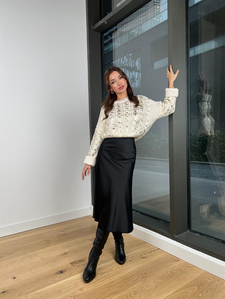 Yüksek Bel Ravi Siyah Saten Midi Boy Etek 24k279