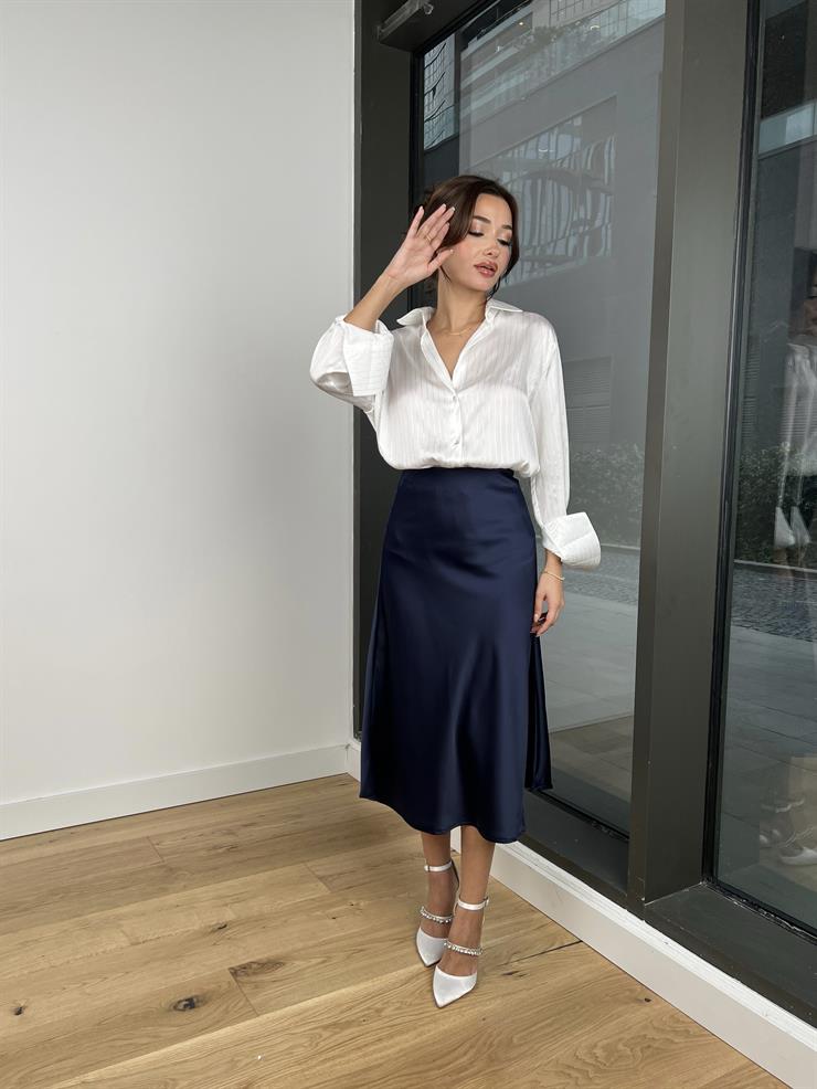 Yüksek Bel Ravi Lacivert Saten Midi Boy Etek 24k279