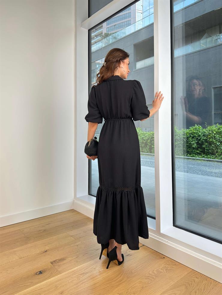 Kruvaze Yaka Beli Bağcıklı Rayane Kadın Siyah Elbise 24Y489