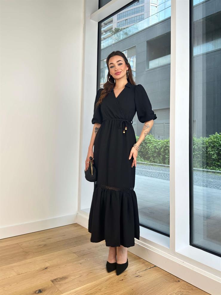 Kruvaze Yaka Beli Bağcıklı Rayane Kadın Siyah Elbise 24Y489